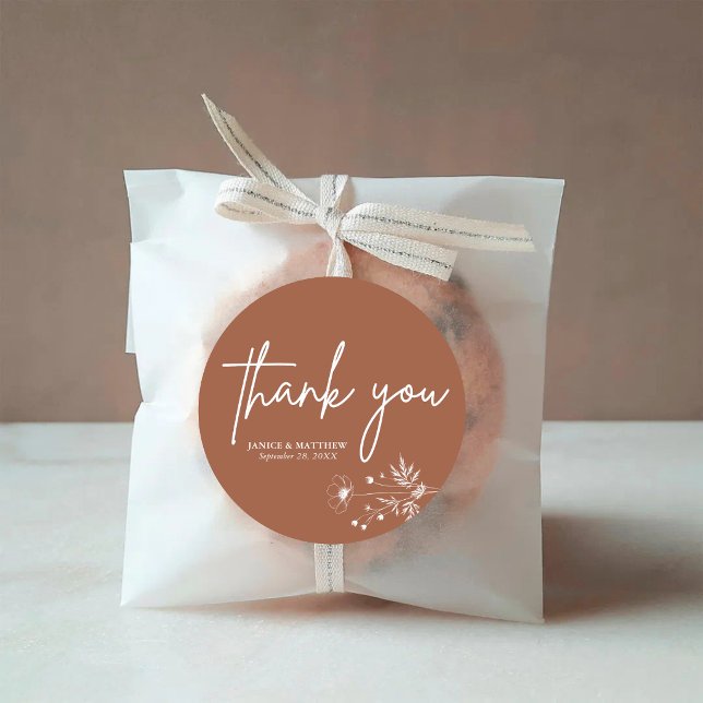 Rustic Wildflower Terracotta Boho Wedding Classic Round Sticker (Rustic wildflower terracotta round sticker adds warm boho charm to wedding details.)