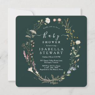 Rustic Wildflower Theme Dark Green Baby Shower Invitation