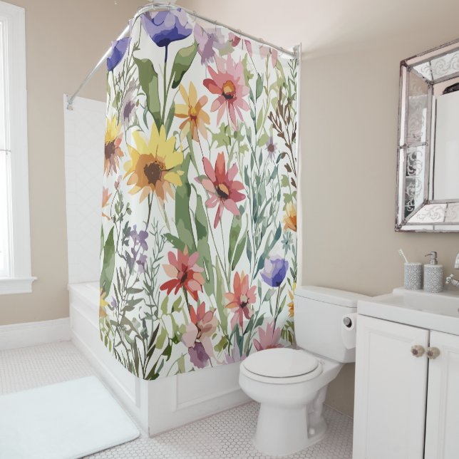 Rustic Wildflower Watercolor Themed Shower Curtain (In Situ)
