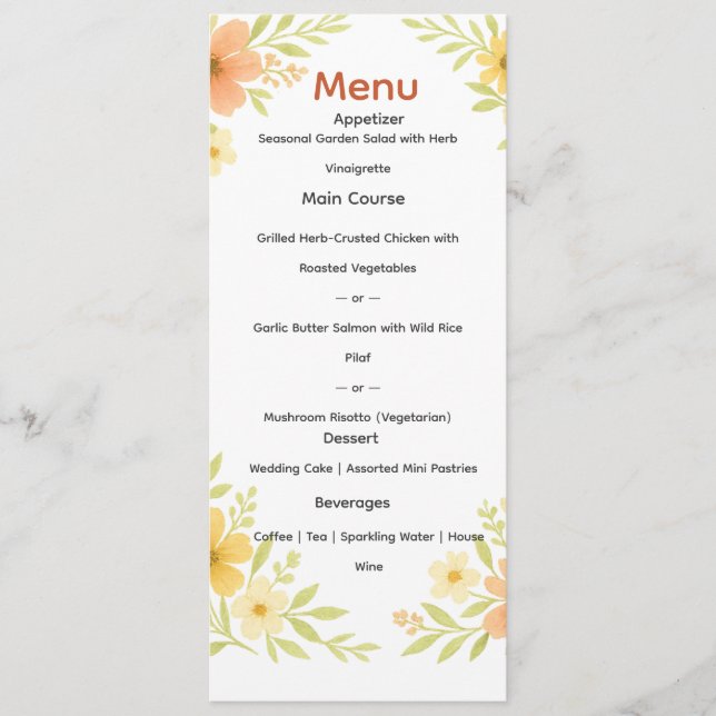 Rustic Wildflower Wedding Menu (Front)