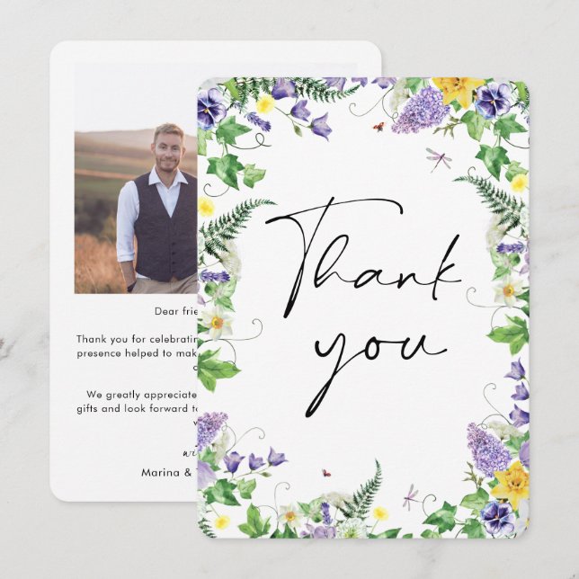 Rustic Wildflower Wedding Photo Thank You (Front/Back)
