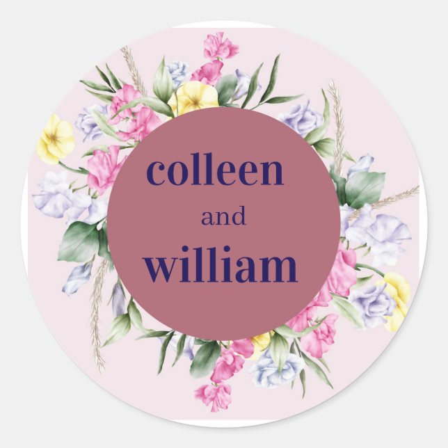 Rustic Wildflower Wedding Sticker – Folk Floral Ro (Front)