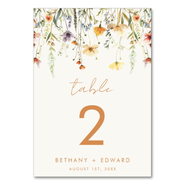 Rustic Wildflower Wedding Table Number (Front)