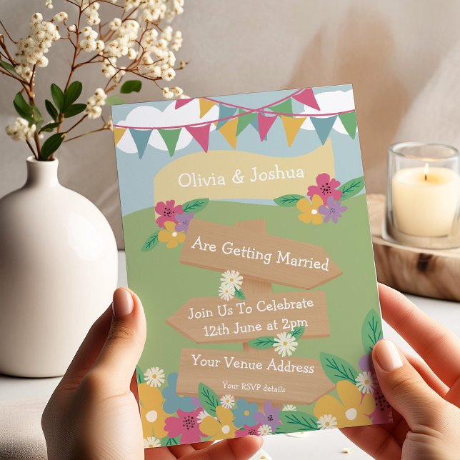 Rustic Wildflower with Bunting and Signs Wedding  Invitation (Creator Uploaded)