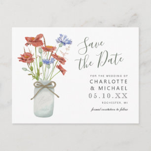 rustic wildflowers ball jar save the date postcard