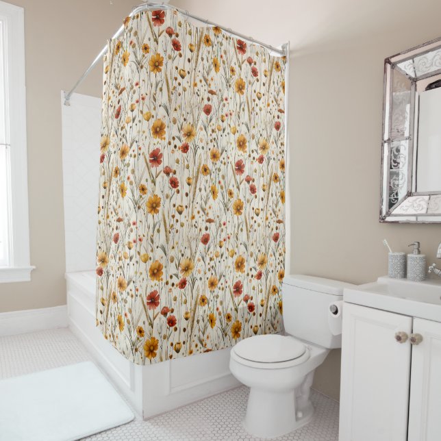 Rustic Wildflowers - Boho Fall Floral Pattern Shower Curtain (In Situ)