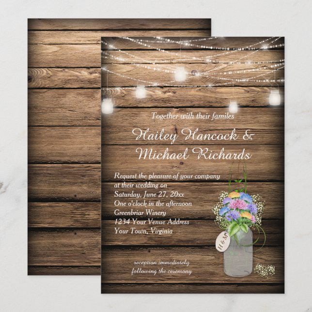 Rustic Wildflowers Bouquet Mason Jar Wedding | Invitation (Front/Back)