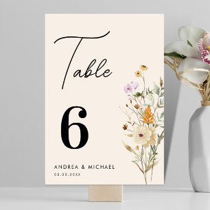 Rustic Wildflowers Cream Script Boho Wedding Table Number