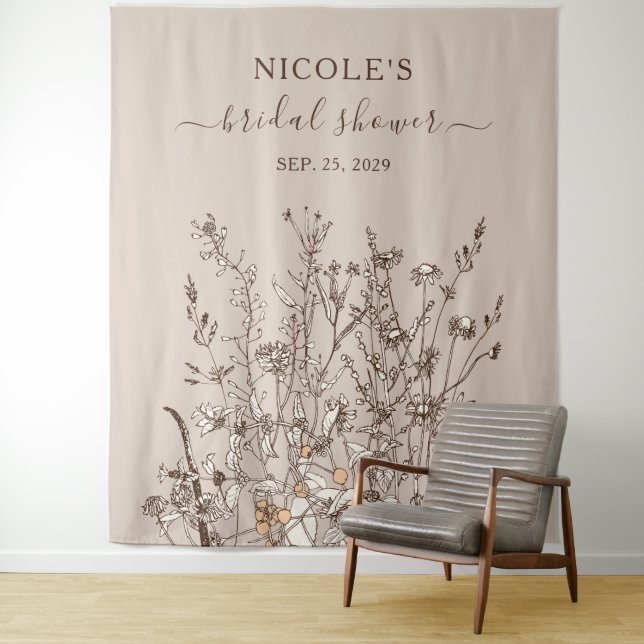 Rustic Wildflowers Fall Bridal Shower Backdrop Tapestry (In Situ)