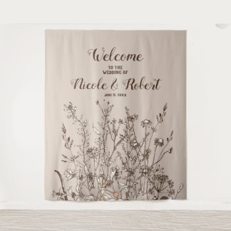 Rustic Wildflowers Fall Floral Wedding Backdrop Tapestry