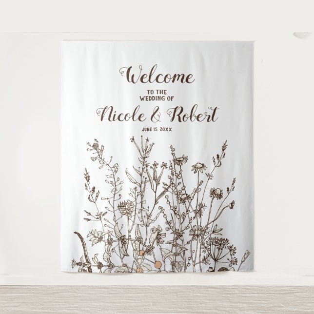 Rustic Wildflowers Fall Floral Wedding Backdrop Tapestry (Front)