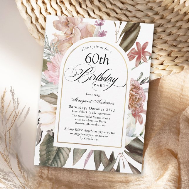 Rustic Wildflowers Floral 60th Birthday Invitation (Available in both printed and instant download digital formats.)