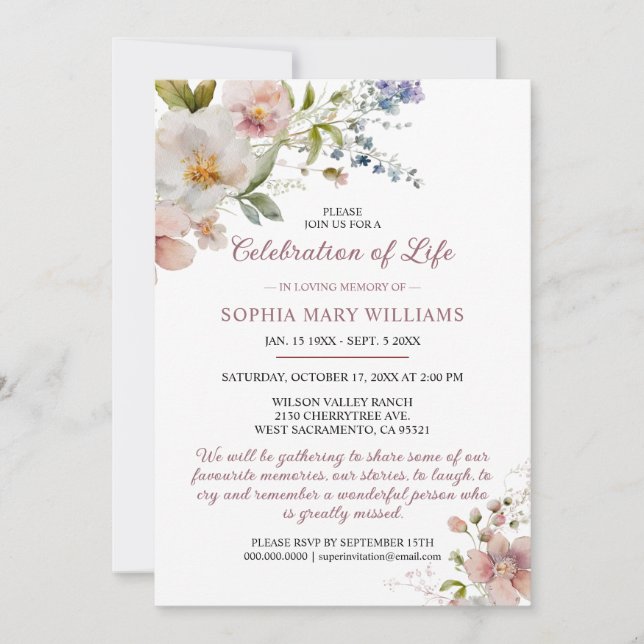 Rustic Wildflowers Funeral Celebration of Life Invitation (Front)