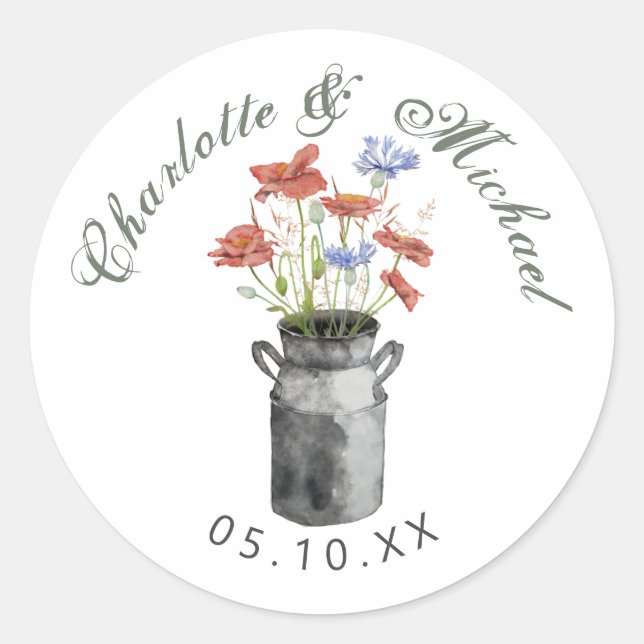 Rustic wildflowers in milk bucket wedding classic round sticker (Front)
