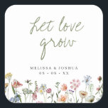 Rustic Wildflowers Let Love Grow Wedding Seeds Square Sticker<br><div class="desc">Pretty favor stickers for your seeds packet favors,  featuring the editable headline "let love grow" in sage green handwritten style font,  and a border of watercolor wildflowers in pink,  blue,  lilac,  yellow and white.</div>