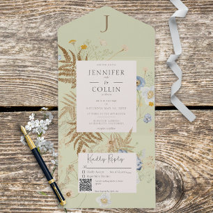 Rustic Wildflowers Lt Green Monogram QR Code All In One Invitation