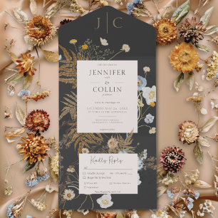 Rustic Wildflowers Monogram Black Dinner All In One Invitation