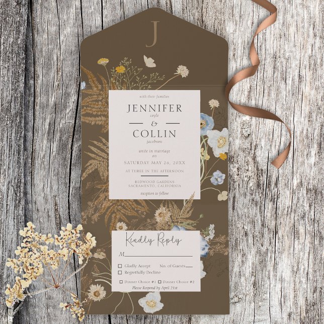 Rustic Wildflowers Monogram Brown Dinner All In One Invitation (Creator Uploaded)