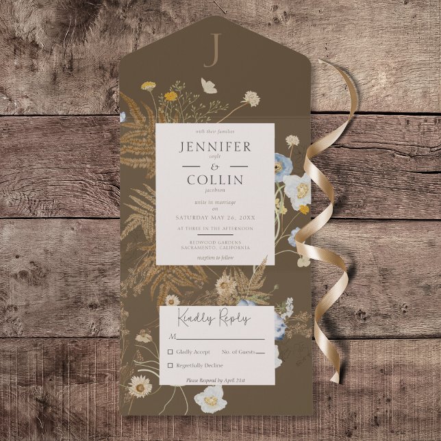 Rustic Wildflowers Monogram Brown No Dinner All In One Invitation (Rustic Wildflowers Monogram Brown All in One Wedding Invitation without Dinner Options)