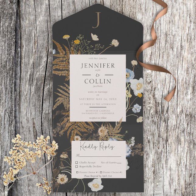 Rustic Wildflowers Monogram Charcoal Black Dinner All In One Invitation (Creator Uploaded)