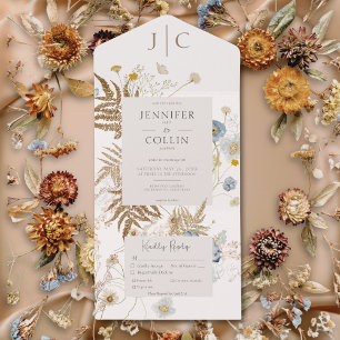 Rustic Wildflowers Monogram Cream Dinner All In One Invitation