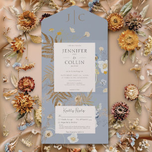 Rustic Wildflowers Monogram Dusty Blue No Dinner All In One Invitation