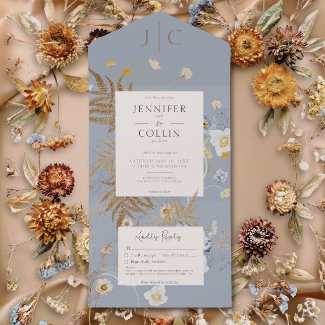 Rustic Wildflowers Monogram Dusty Blue No Dinner All In One Invitation (Creator Uploaded)