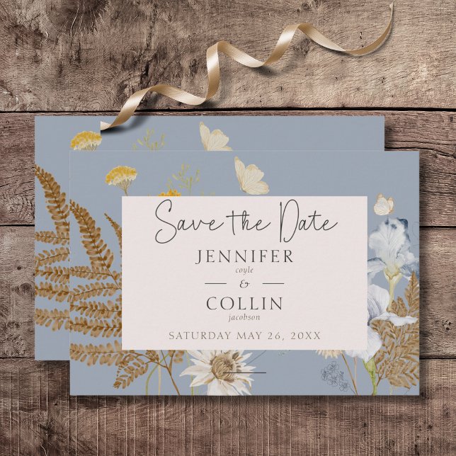 Rustic Wildflowers Monogram Dusty Blue Save The Date (Rustic Wildflowers Monogram Dusty Blue Wedding Save the Date Card)