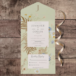 Rustic Wildflowers Monogram Lt Green No Dinner All In One Invitation