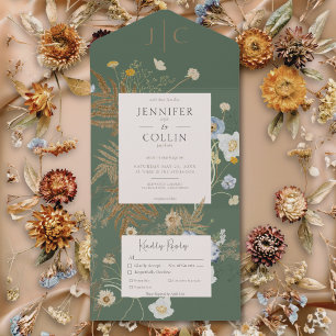 Rustic Wildflowers Monogram Sage Green Dinner All In One Invitation