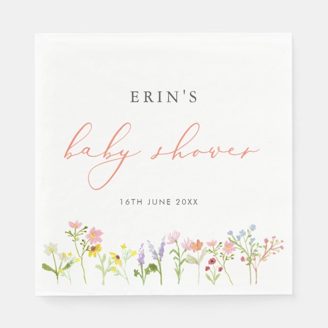 Rustic Wildflowers Personalised Baby Shower Napkin (Front)
