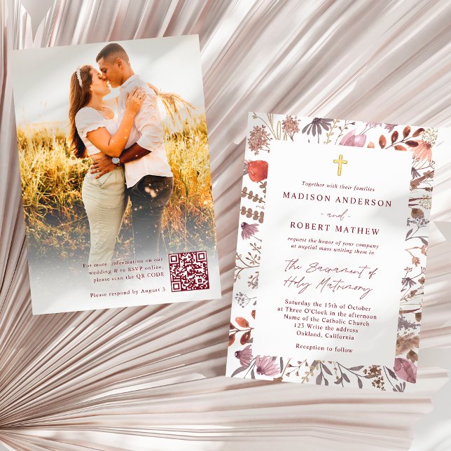 Rustic Wildflowers Photo QR Code Catholic Wedding Invitation (Creator Uploaded)