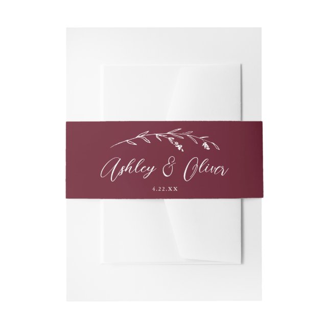Rustic Wildflowers Script Burgundy Wedding Invitation Belly Band (Front Example)