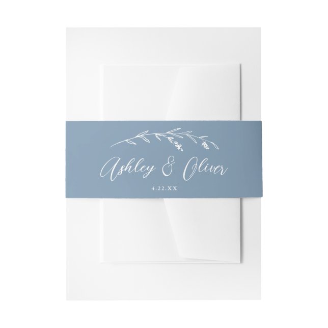 Rustic Wildflowers Script Dusty Blue Wedding Invitation Belly Band (Front Example)