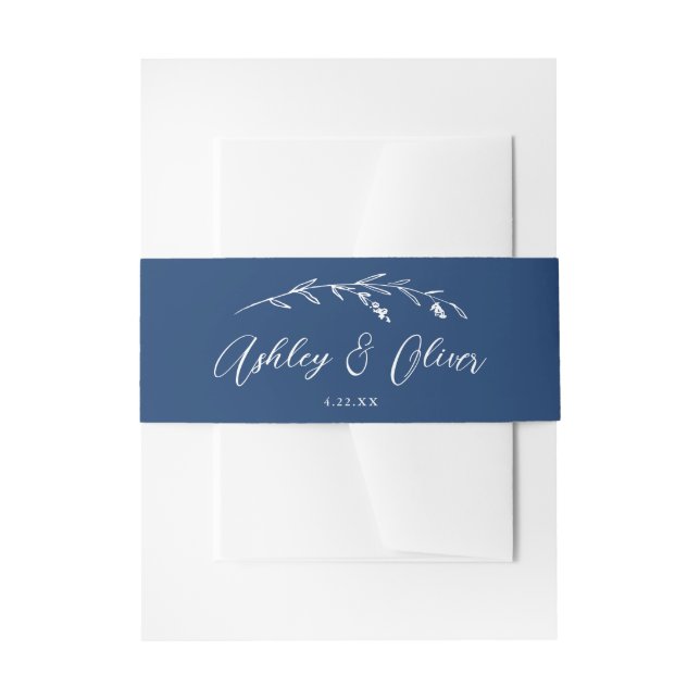 Rustic Wildflowers Script Navy Blue Wedding Invitation Belly Band (Front Example)