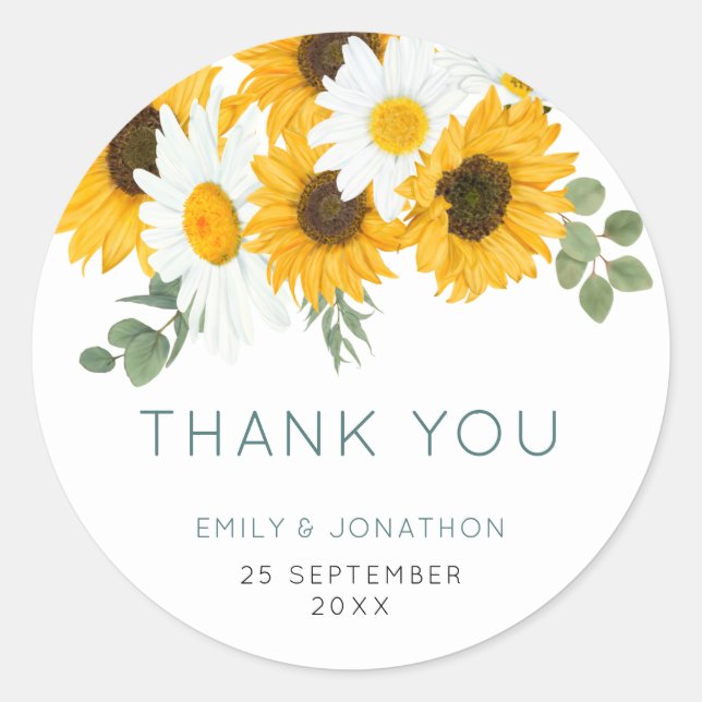 Rustic Wildflowers Sunflowers Names Date Thank You Classic Round Sticker (Front)