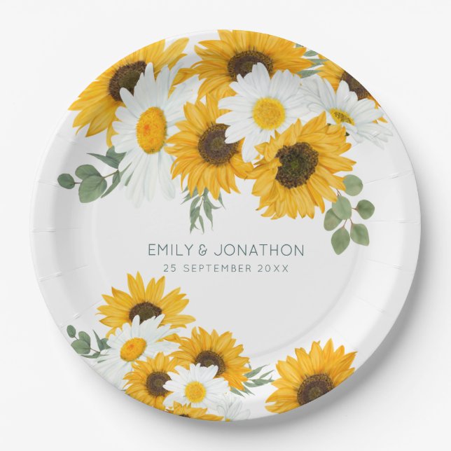 Rustic Wildflowers Sunflowers Names Date Wedding Paper Plate (Front)