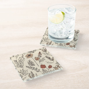 Rustic Wildflowers Vintage Botanical Sketch Glass Coaster