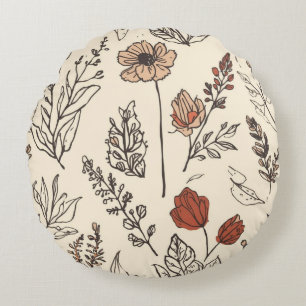 Rustic Wildflowers Vintage Botanical Sketch Round Cushion