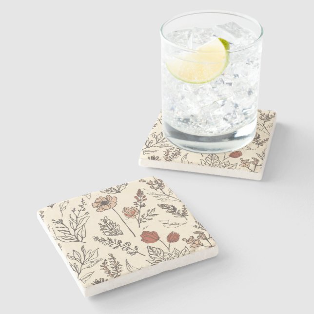Rustic Wildflowers Vintage Botanical Sketch Stone Coaster (Side)
