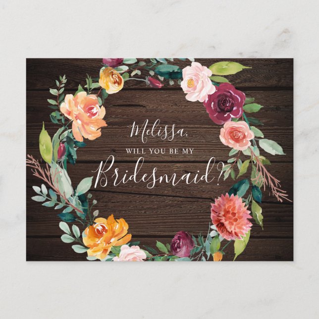 Rustic Will You Be My Bridesmaid Invitation Postcard (Front)