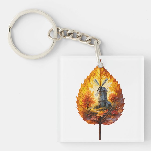 Rustic Windmill in Autumn Glow Key Ring (Front)