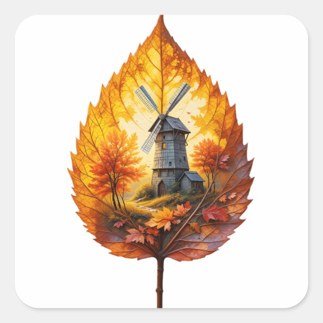 Rustic Windmill in Autumn Glow Square Sticker (Front)