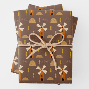 Rustic Windmill & Wheat Harvest Seamless Pattern Wrapping Paper Sheet