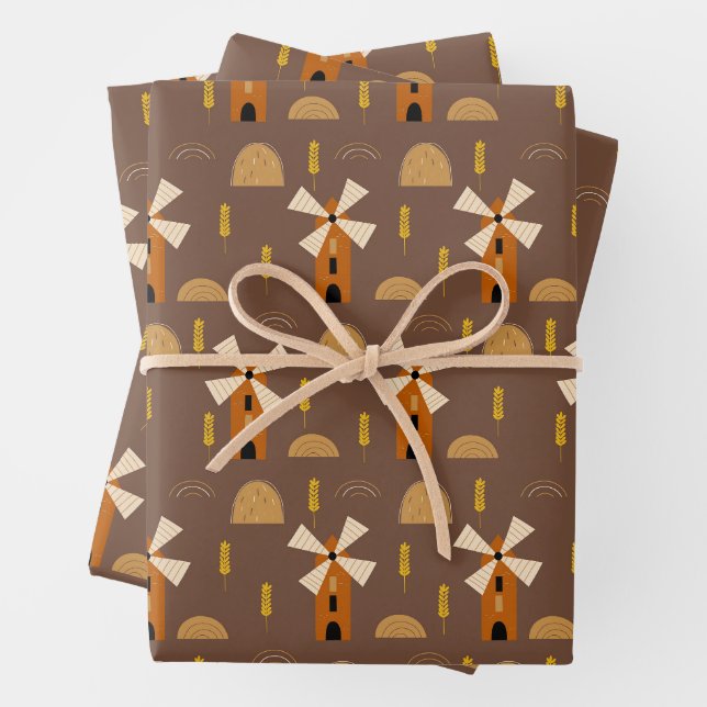Rustic Windmill & Wheat Harvest Seamless Pattern Wrapping Paper Sheet (In situ)