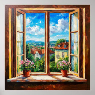 Rustic Window Overlooking a Colorful Countryside Poster