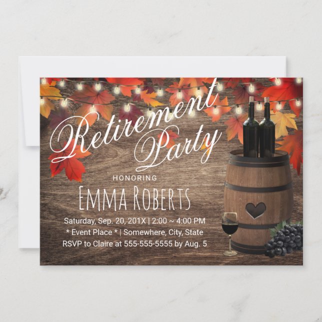 Rustic Wine Barrel Autumn Leaves Retirement Invitation (Front)