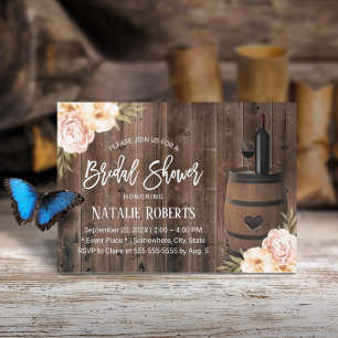 Rustic Wine Barrel Vintage Floral Bridal Shower Invitation