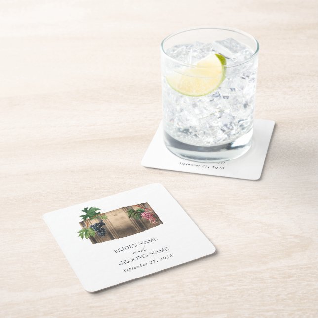 Rustic Wine Barrel Winery Vineyard Wedding Square Paper Coaster (Insitu)