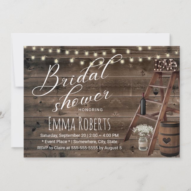 Rustic Wine Barrel & Wooden Ladder Bridal Shower Invitation (Front)
